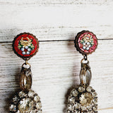 Vintage Red Italian Micro Mosaic + Rhinestone Earrings