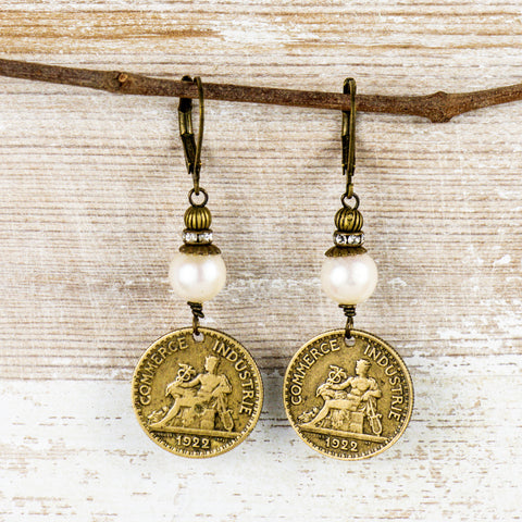 French Coin + Pearl - Vintage Earrings